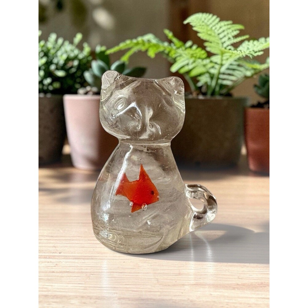 Art Glass Cat With Gold Fish In Belly Vintage Blown Glass 3”